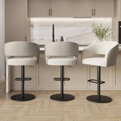 Set of Curved Beige Boucle and Faux Leather Adjustable Swivel