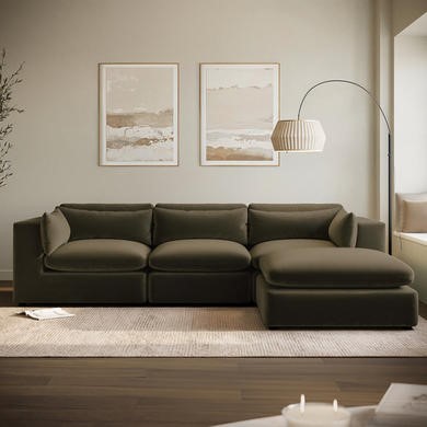 Large Khaki Green Velvet Reversible 4 Seater Chaise Corner Sofa