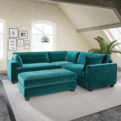 Large Seater Corner Sofa in Teal Velvet with Matching Footstool